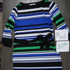 Beautiful Bight Striped Liz Claiborne Dress with Waist Cinch Tie, Size M…
